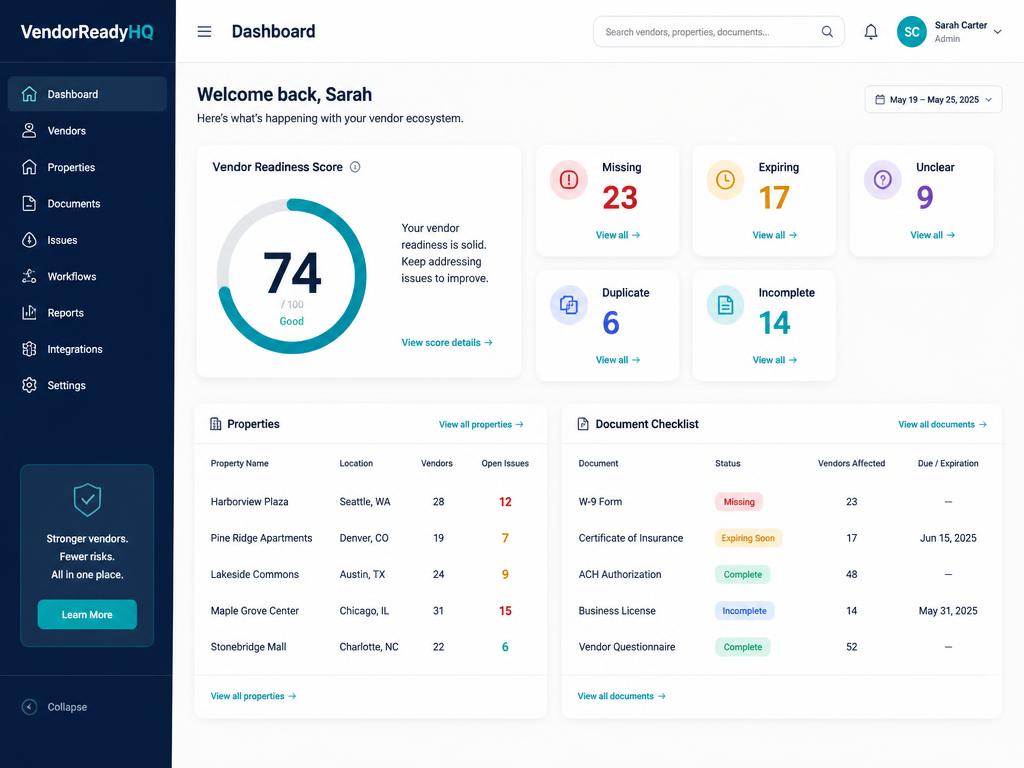 VendorReadyHQ dashboard showing a vendor readiness score and issue summary